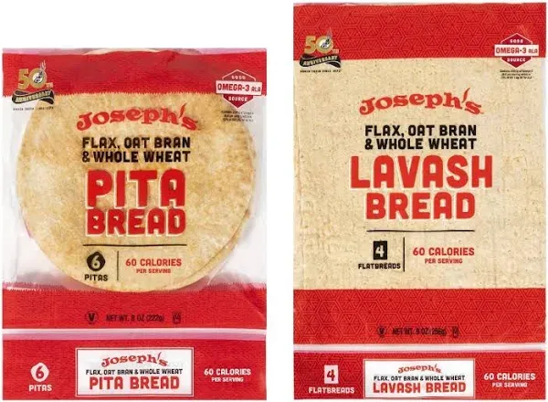 Joseph's 2-Pack Value Variety Bundle, Flax Oat Bran Whole Wheat Lavash Bread (4 Lavash Squares Total) and Pita Bread (6 Pita Loaves Total), Fresh Baked