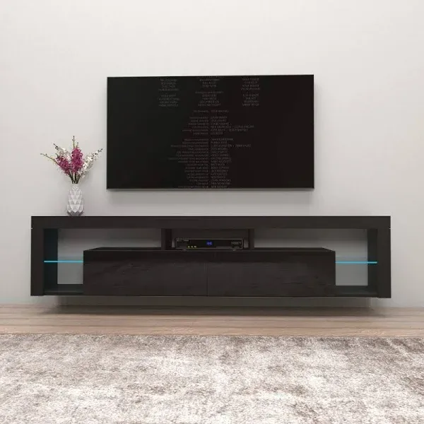 Meble Furniture Milano 200 Floating TV Stand for TVs up to 90", Modern High Gloss 79" Entertainment Center, Wall Mounted TV Media Console with Storage Cabinets and LED Lights