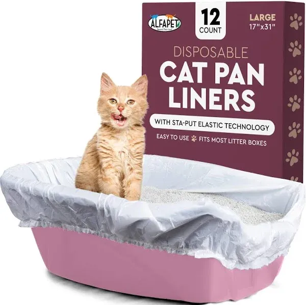 Alfapet Kitty Cat Litter box Disposable, Elastic Liners- 12-count-For Medium and Large, Size Litter Pans- With Sta-Put Technology for Firm, Easy Fit- Quick + Clever Waste Cleaners 4 pack