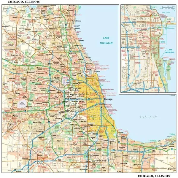 Chicago, Illinois Wall Map, Large - 30" x 29" Laminated