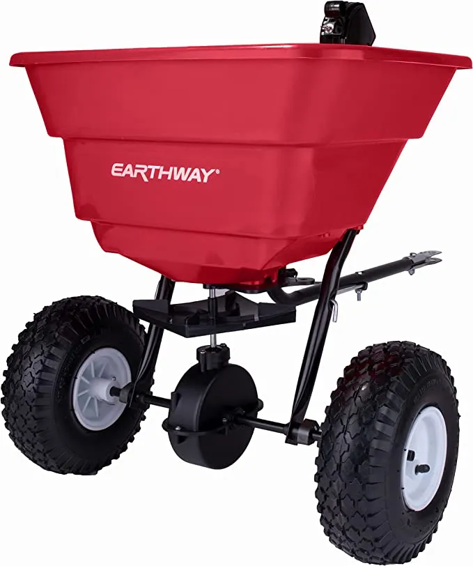 EarthWay 2050TP 80 LB (36 KG) Broadcast Tow Behind Estate Spreader Semi-Assembled with Pneumatic Tires, Built-in Side Spread Control and Three-Hole Drop System