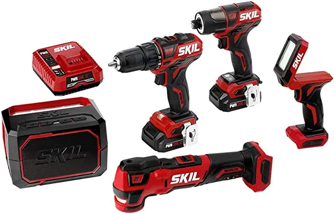 SKIL 5-Tool ComboKit: PWRCore 12 Brushless 12V Drill Driver, Impact Driver, Oscillating MultiTool, Area Light and Bluetooth Speaker, Includes Two 2.0Ah Lithium Batteries and PWRJump Charger - CB736801