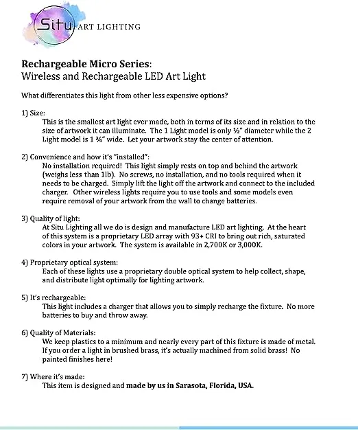 Situ Lighting: Cordless and Rechargeable LED Art and Picture Light - Rechargeable Micro Series - 2700K - USA Made