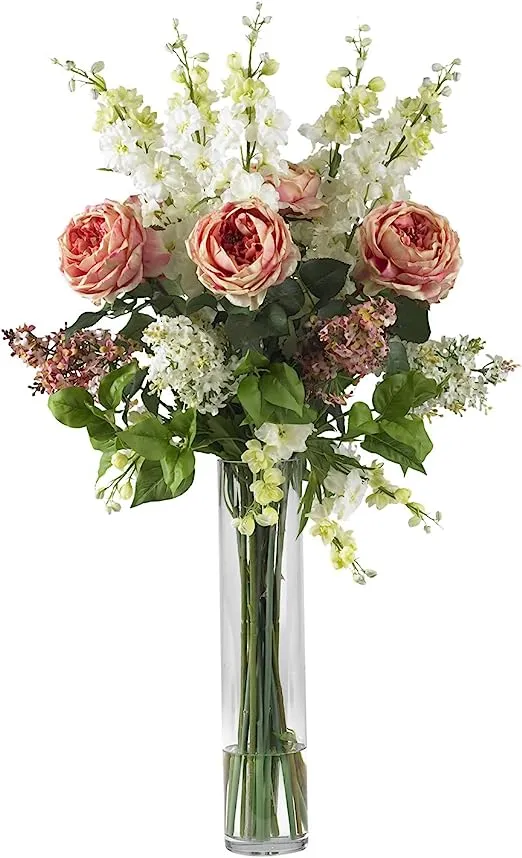 Nearly Natural Rose, Delphinium and Lilac Silk Flower Arrangement