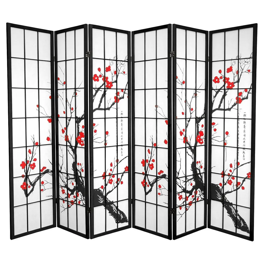 Oriental Furniture 6 ft. Tall Flower Blossom Divider - Black - 6 Panels