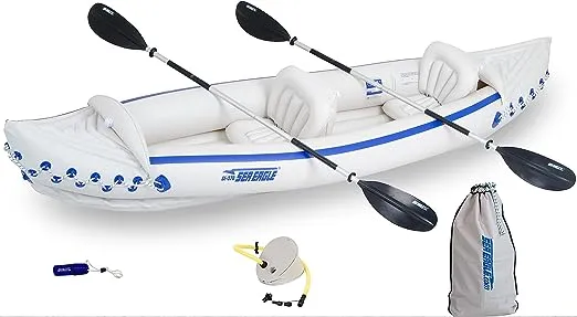 Sea Eagle SE370 Inflatable Sports Kayak -1-3 Person-Portable Stowable & Lightweight-with Seat(s), Paddle(s), Foot Pump and Bag