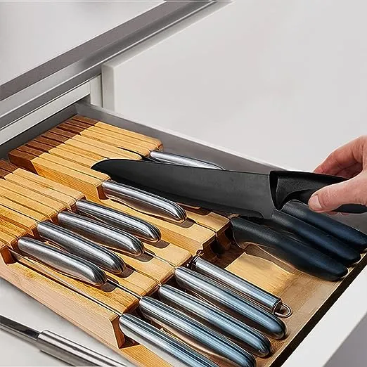 In-Drawer Knife Block with 16 Knives, Bamboo Knife Organizer for Steak Knives...