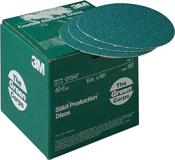 3M Green Corps Hookit Sanding Discs, 01547, No Hole, 6 in, 40+ Grade, Pack of 100 Production Discs, for Coating Removal, Metal Surfaces, Auto Sanding