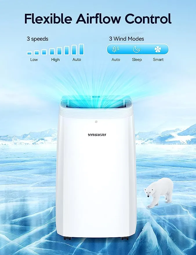 VAGKRI Portable Air Conditioners 12000 BTU ASHRAE (8150 BTU DOE/SACC), 3-in-1 AC Unit with Fan & Dehumidifier Cool up to 500 sq. ft, Portable AC with Smart/Sleep Mode, 3 Fan Speeds, Auto Swing, 24H Timer, Remote Control