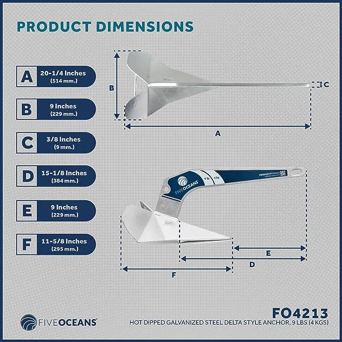 Five Oceans Delta Style Wing Boat Anchor, Galvanized Steel Boat Anchors, Premium Series, for Pontoon, Fishing Boats
