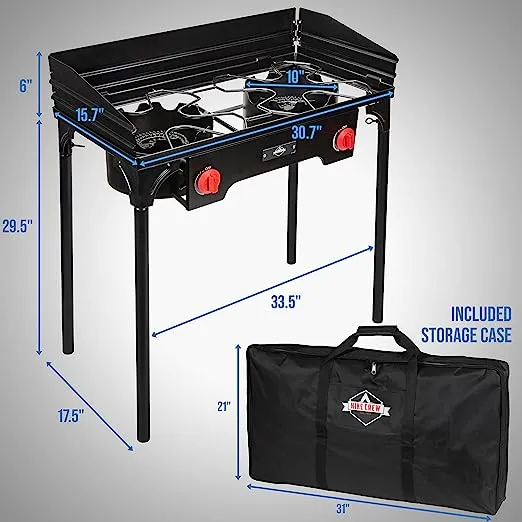 Hike Crew Cast Iron Double-Burner Outdoor Gas Stove | 150,000 BTU Portable Propane Cooktop w/Blue Flame Control, Removable Legs, Temperature Control Knobs, Wind Panel, Hose, Regulator & Storage Case