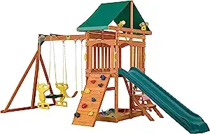 Sky View Cedar Backyard Playset | W: 17'10" D: 9'4" H: 9'9" | w/2-Person Glider & 2 Belt Swings | Binoculars, Steering Wheel & Telescope | Kids Age 3-12 | ASTM Standards | 10-Year Warranty on Wood