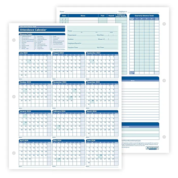 ComplyRight 2023-2024 Fiscal Attendance Calendar 50/Pack (A42005015)