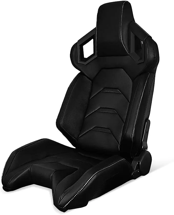 IKON MOTORSPORTS, Universal Racing Seats Left Driver Side with Dual Slider, Black with Red Stitch Red Stripe PU Leather Reclinable