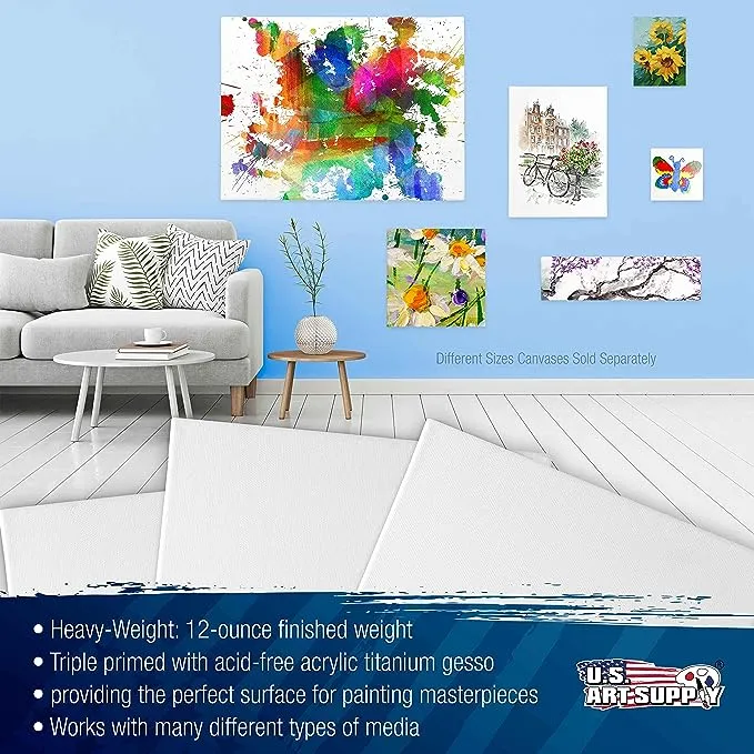 U.S. Art Supply 24 x 30 inch Stretched Canvas 12-Ounce Triple Primed, 3-Pack - Professional Artist Quality White Blank 3/4" Profile, 100% Cotton, Heavy-Weight Gesso - Acrylic Pouring, Oil Painting