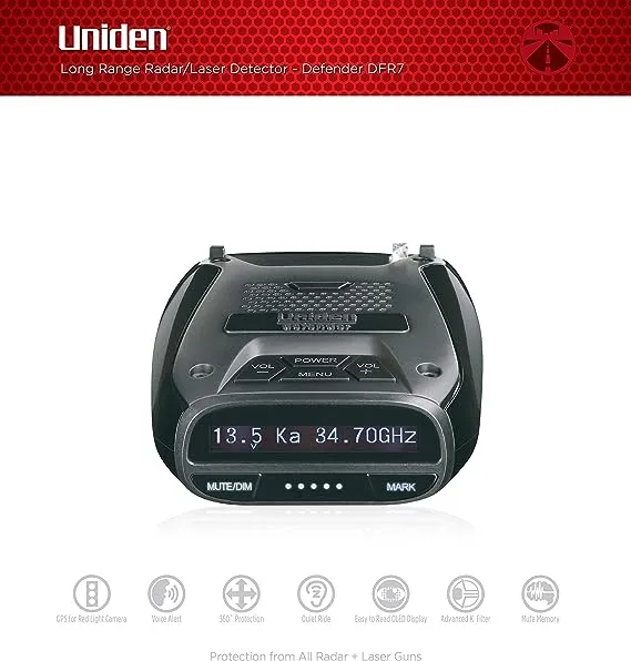 Uniden DFR7 Super Long Range Wide Band Laser/Radar Detector, Built-in GPS w/Mute Memory, Voice Alerts, Red Light & Speed Camera Alerts, OLED Display, Black