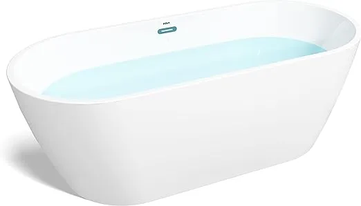 FerdY Bali 59" Acrylic Freestanding Bathtub, Gracefully Shaped Freestanding Soaking Bathtub with Brushed Nickel Drain & Minimalist Linear Design Overflow, Glossy White, cUPC Certified