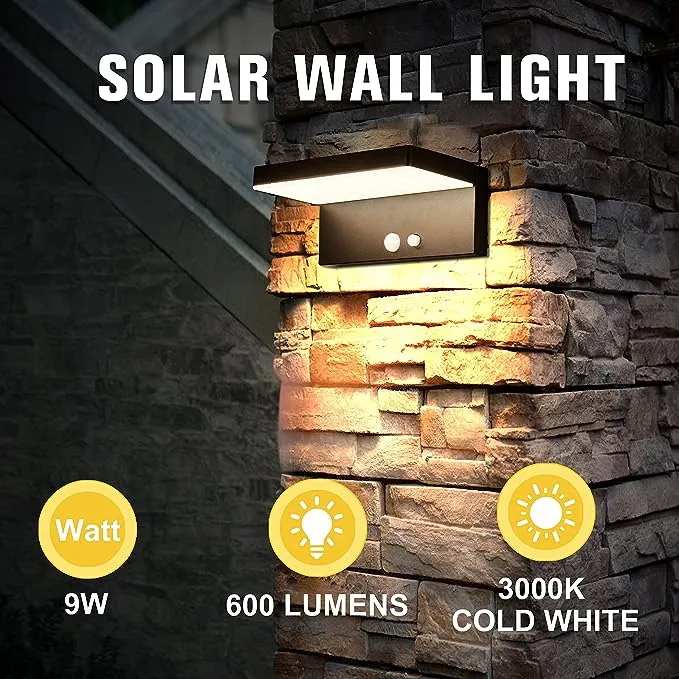 Solar Wall Light Outdoor, 3 Light Modes, Motion Sensor Solar Sconce, Dusk to Dawn, 10 Hours Battery Life, 600 Lumen Super Bright Solar Address Light for Fence Patio Porch, Aluminum, Black