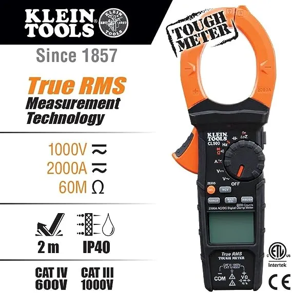 Klein Tools CL900 Digital Clamp Meter, Auto Ranging TRMS, AC/DC Voltage/Current, 2000A, LoZ , Continuity, Frequency, NCVT, Temp, More, 1000V