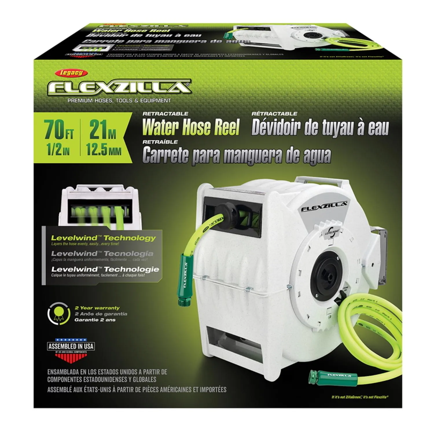 Flexzilla® Retractable Water Hose Reel with Levelwind™ Technology, 1/2" x 70', Flexible Hybrid Polymer, ZillaGreen™