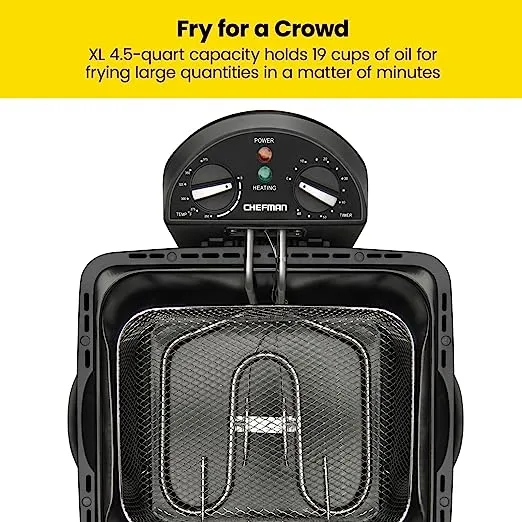Chefman Deep Fryer with Basket Strainer, 4.5 Liter XL Jumbo Size Adjustable Temperature & Timer, Perfect Chicken, Shrimp, French Fries, Chips & More, Removable Oil Container, Black