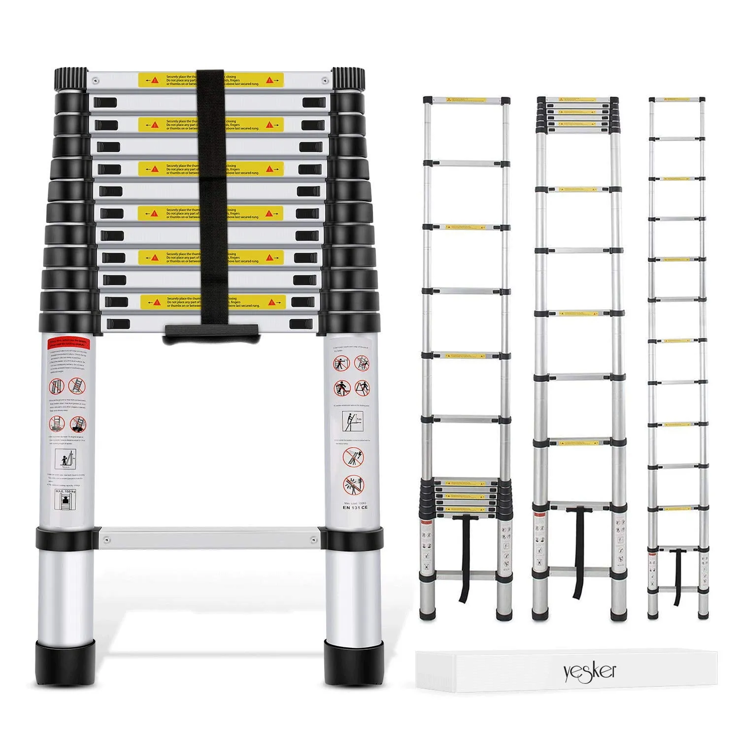 Yesker 12.5ft Telescoping Ladder Aluminum Telescopic Extension Multi Purpose Ladders EN131 Certified - Extendable with Spring Load Locking Mechanism Non-Slip - 330 lb Max Capacity, Silver/Black