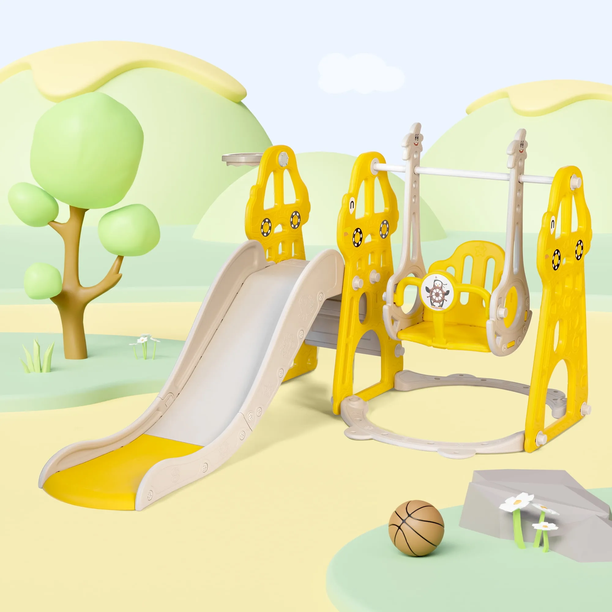 4-in-1 Toddler Slide and Swing Set with Extra Large Playground, Basketball Hoop & Climber, Indoor/Outdoor Playset, Taxi Collection – Yellow