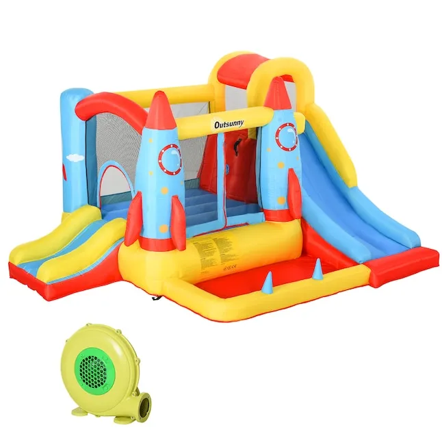 Outsunny 4-in-1 Kids Inflatable Bounce House Jumping Castle with 2 Slides, Climbing Wall, Trampoline, & Water Pool Area