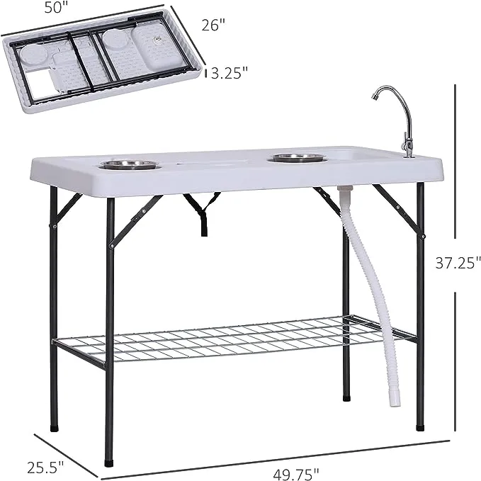 Outsunny Camping Table 50 with Sink Faucet Stainless Steel Basins Fish Cleaning