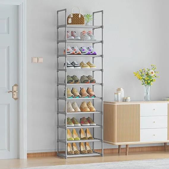 10-Tier Metal Shoe Rack, Narrow Shoe Rack Organizer, Sturdy Shoe Shelf for Closets, Entryway, Bedroom, Garage - Silver