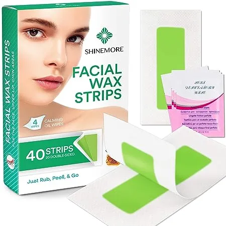 ShineMore Facial Wax Strips for hair removal - Hypoallergenic for All Skin Types - - Gentle and Fast-Working for Face, Eyebrow, Upper Lip, and Chin (40 Women Wax Strips + 4 Calming Oil Wipes NATURE NATION Ingredients )