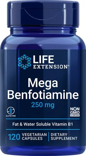 Life Extension Mega Benfotiamine 250 mg - With Fat Soluble Thiamine Vitamin B1 for Glucose Metabolism - Advanced Nerve Health Supplement Pill - Gluten Free, Non-GMO, Vegetarian - 120 Capsules