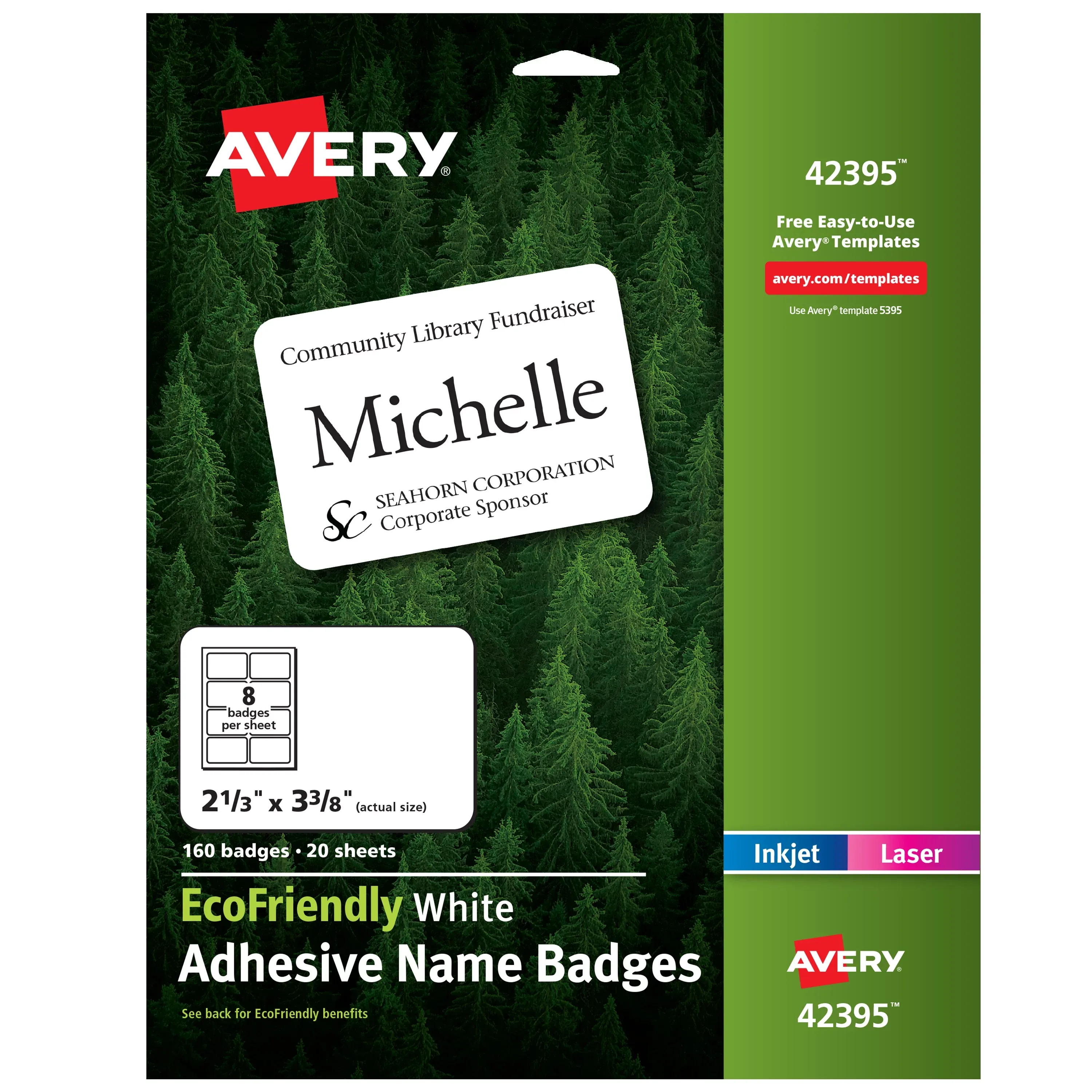 Avery 45395 Adhesive Name Badge Labels, 2-1/3 x 3-3/8, White, 400/Box