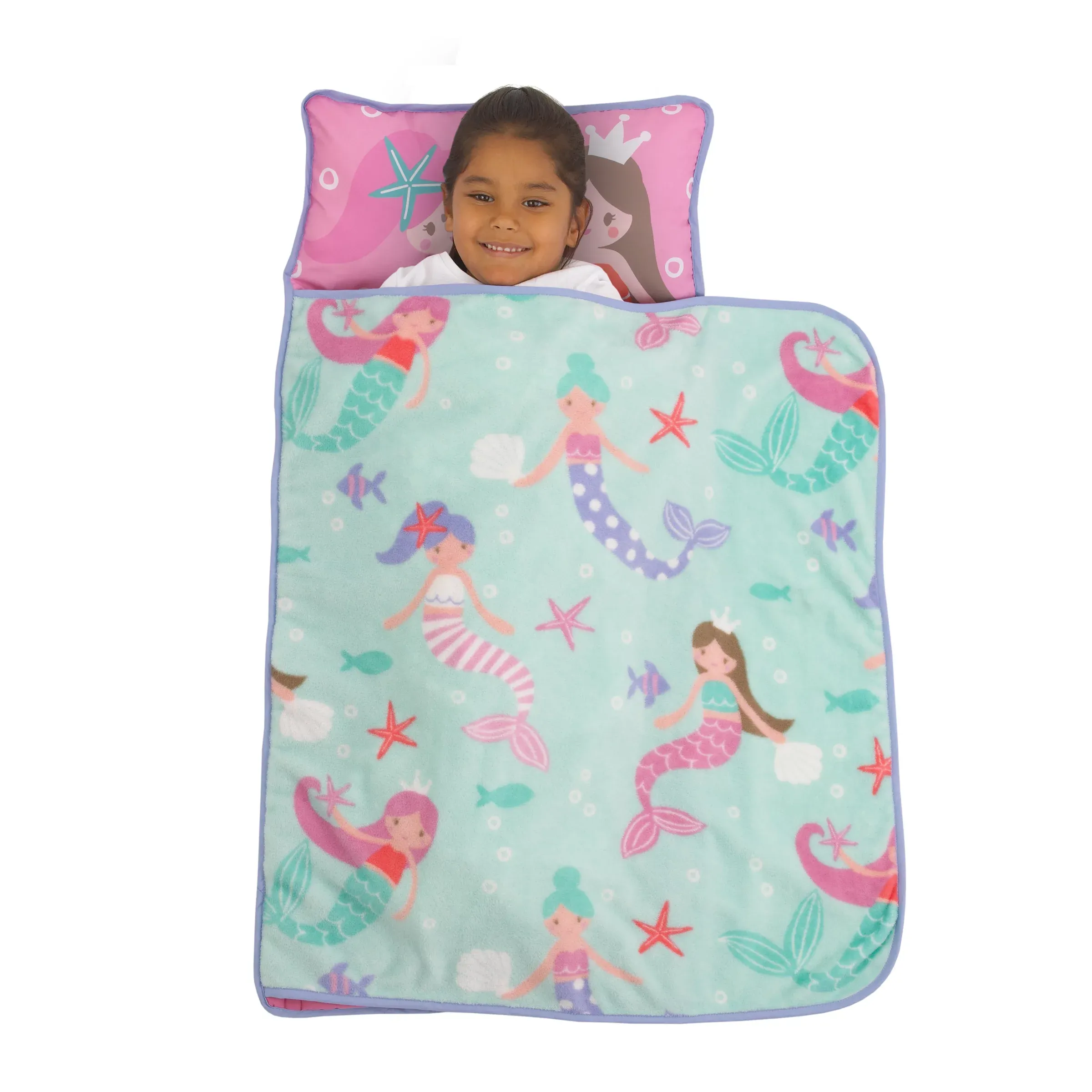 Everything Kids Pink Mermaid Toddler Nap Mat with Attached Pillow and Blanket, Preschool Girl