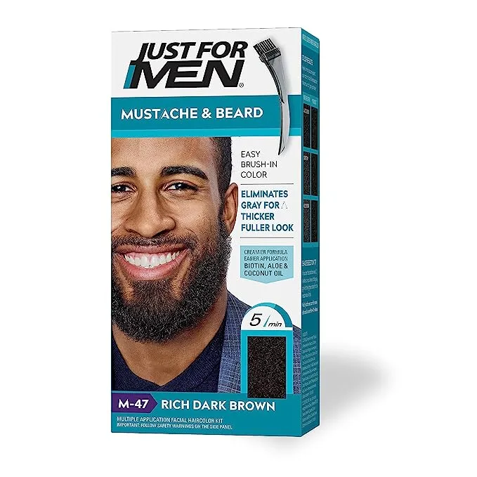 Just For Men Mustache & Beard, Beard Dye for Men with Brush Included for Easy Application, With Biotin Aloe and Coconut Oil for Healthy Facial Hair - Dark Brown, M-45, Pack of 1