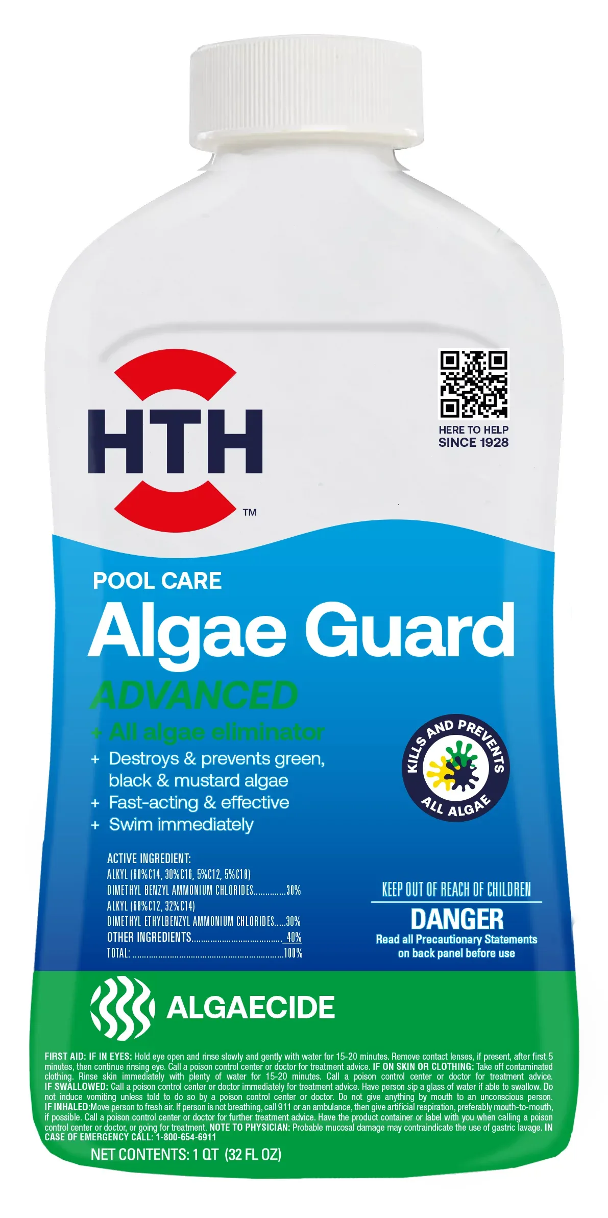 HTH 67289 Swimming Pool Care Algae Guard Ultra, Swimming Pool Chemical, Long Lasting Formula, 32 fl oz