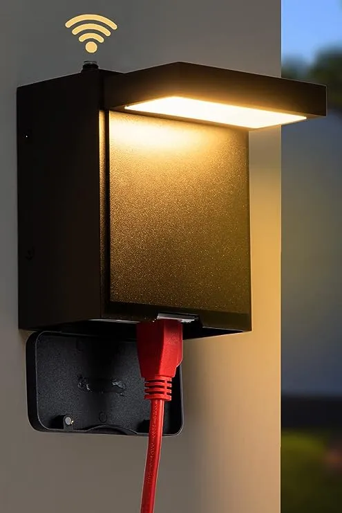 Modern LED Outdoor Wall Light with GFCI Outlet, Dusk to Dawn, Two Outlet Built-in,