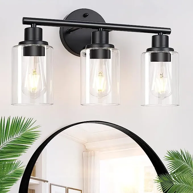 3-Light Bathroom Light Fixtures, Black Modern Vanity Lights with Clear Glass for