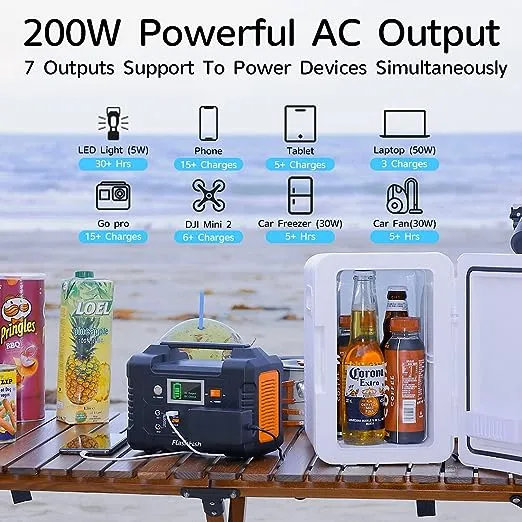 200W Portable Power Station, FlashFish 40800mAh Solar Generator With 110V AC Outlet/2 DC Ports/3 USB Ports, Backup Battery Pack Power Supply for CPAP Outdoor Advanture Load Trip Camping Emergency.