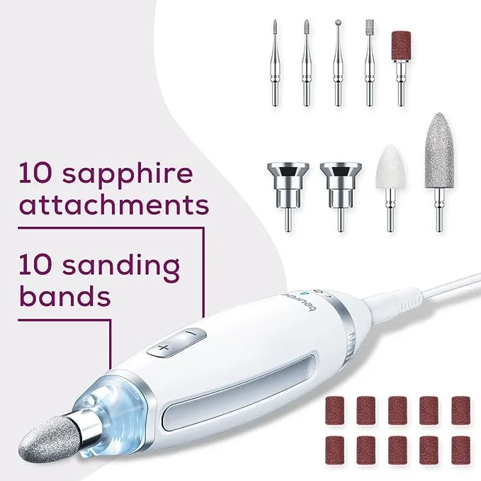 Beurer MP62 Home Manicure and Pedicure Set, Electric Nail File, 10 High-Quality Attachments, For Natural, Acrylic and Gel Nails, Precision Light, Fast Rotation (2000-5400rpm), UK Plug and Storage Bag