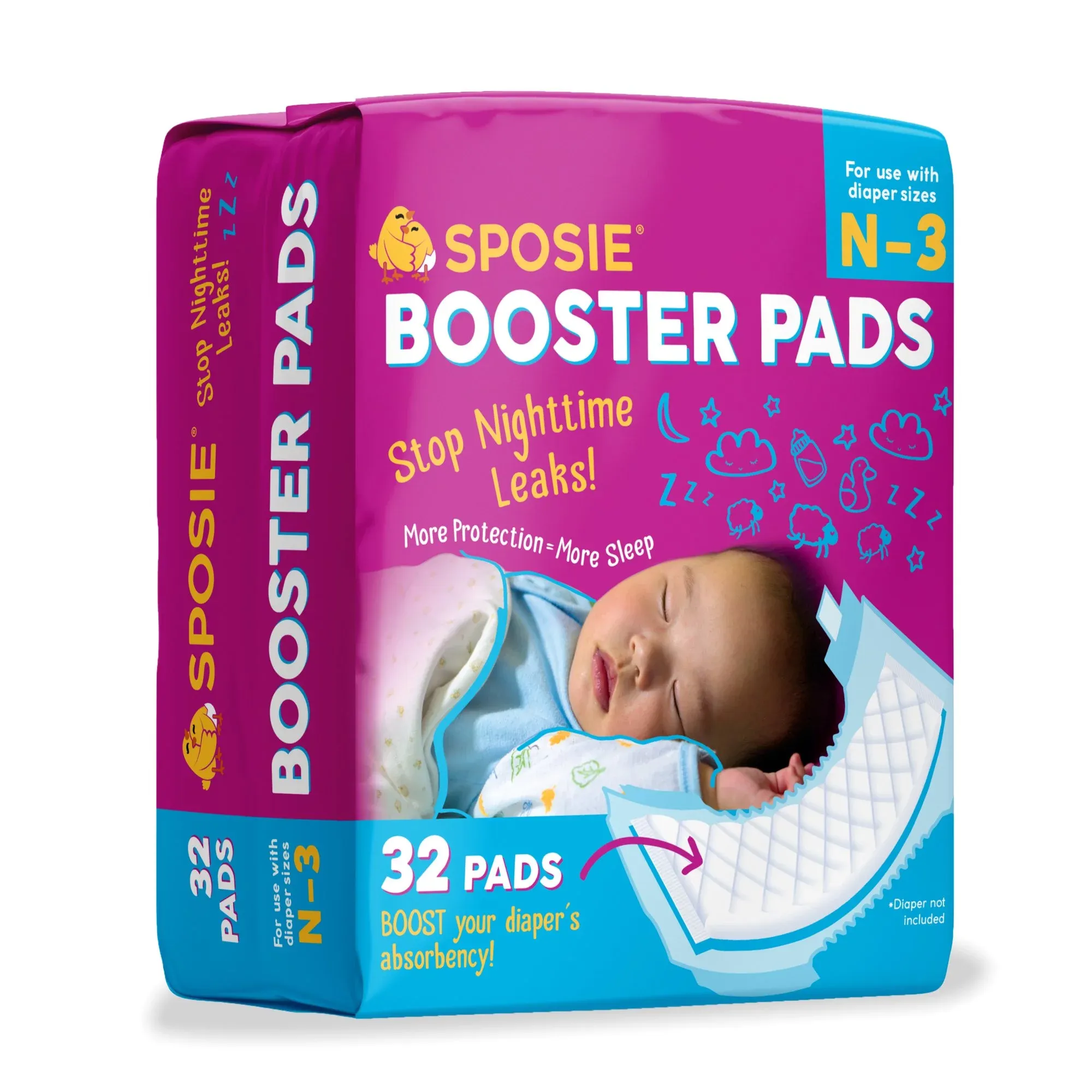 Sposie Booster Pads For Overnight Diaper Leak Protection - 32ct