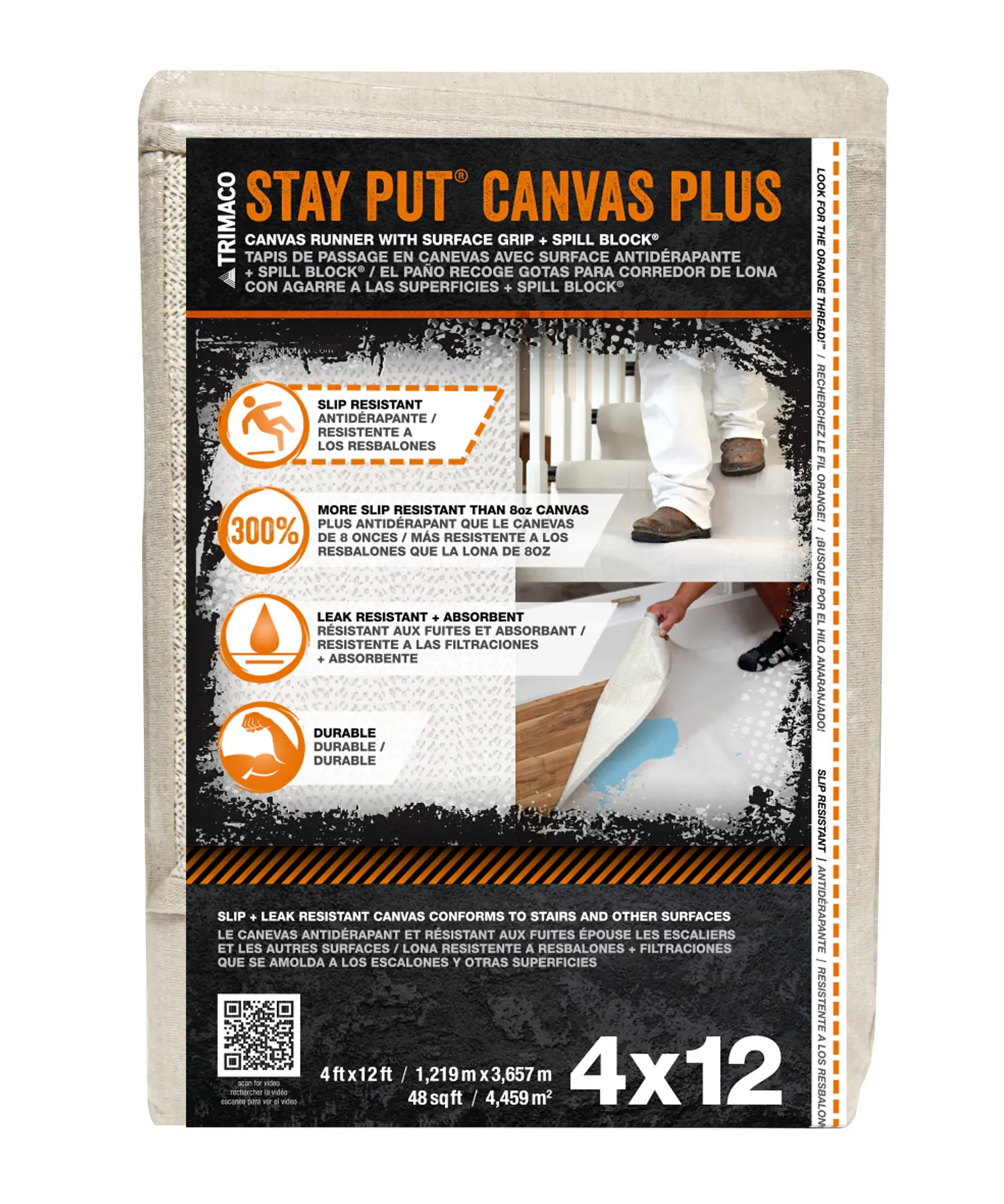 Trimaco 04328 Stay Put Drop Cloth, Canvas, 4' x 12'