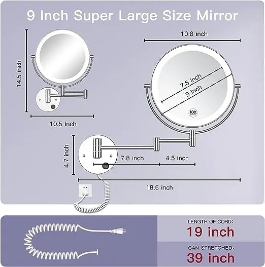 Benbilry 9” Wall Mounted Lighted Makeup Vanity Mirror with 3 Color Dimmable Lights, Super Large Size 1X/10X Magnifying Double Sided LED Cosmetic Mirror, 360° Swivel Extendable Round Shaving Mirror