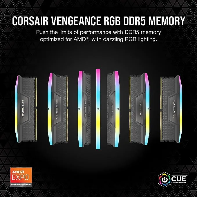 CORSAIR VENGEANCE CMH64GX5M2B6000Z40 RGB DDR5 6000MHz CL40 AMD EXPO Intel XMP iCUE kompatibler Computerspeicher, Grau