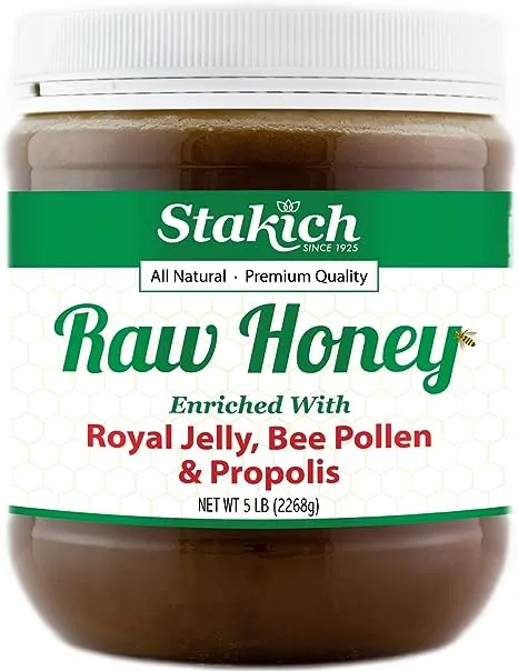 Stakich Royal Jelly, Bee Pollen, Propolis Enriched Raw Honey - Pure, Unprocessed, Unheated - 5 Pound (80 Ounce)