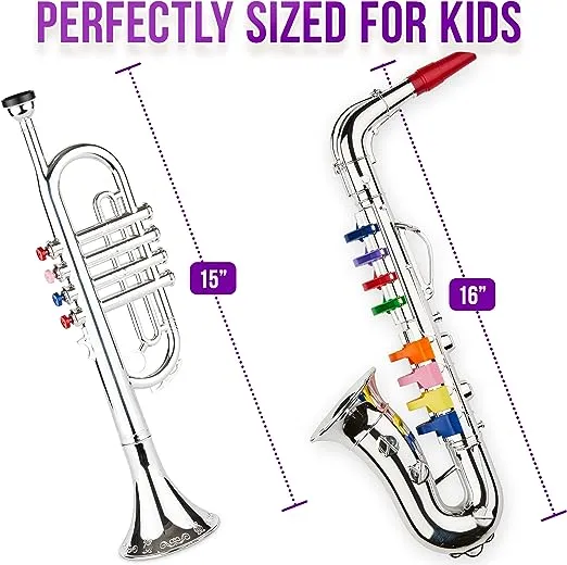 Click N' Play Toy Trumpet and Toy Saxophone Set for Kids - Create Real Music - Safety Tested BPA Free - Beautiful Silver Finish with Color Keys Real Notes - Start a Instrument Band at Home or School