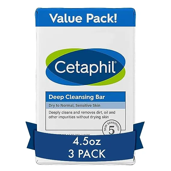 Cetaphil Deep Cleansing Bar Soap, Face and Body Bar, 4.5 oz Bars, Pack of 3