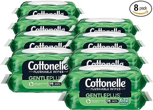 Cottonelle GentlePlus Flushable Wet Wipes with Aloe & Vitamin E, Adult Wet Wipes, 16 Flip-Top Packs, 42 Wipes per Pack (2 Packs of 42) (672 Total Flushable Wipes), Packaging May Vary