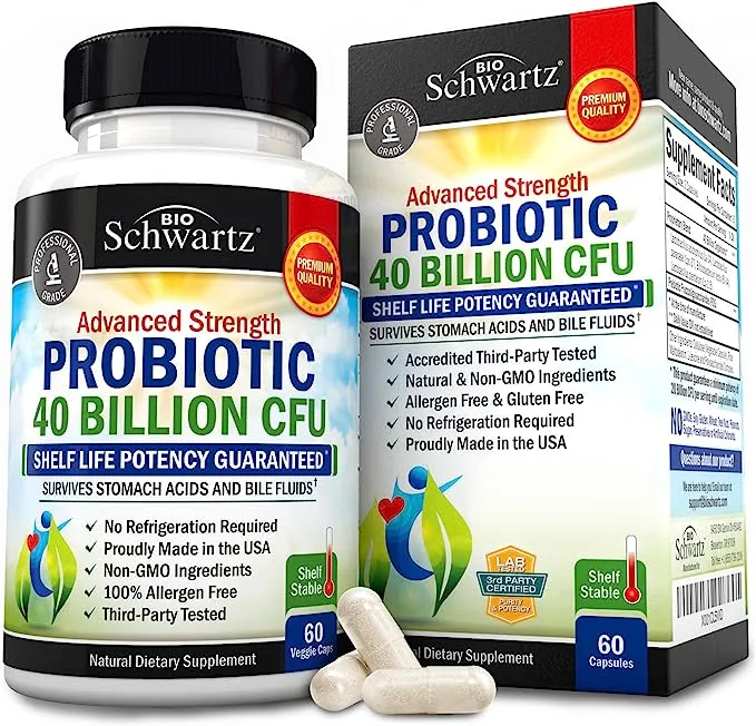 Probiotics 40 Billion CFU Capsules, Gut Health Complex with Astragalus and Lactobacillus Acidophilus Probiotic for Women and Men, BioSchwartz, 120ct