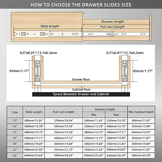 AOLISHENG 1 Pair Soft Close Drawer Slides 12 14 16 18 20 22 24 Inch 100 lb Load Capacity Side Mount Full Extension Ball Bearing Self Slow Closing Rail Cabinet Metal Runner Dresser Glide Track Black